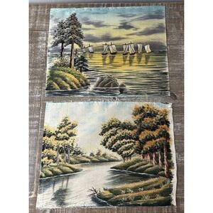 Vintage Asian Chinese Art Embroidery Silk Sailboat Water Rice Fields -Set Of 2